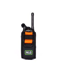 NLG radio holster front view black dual-layer ballistic construction orange bungee retention D-ring two-way radio inside | CMT Group UK