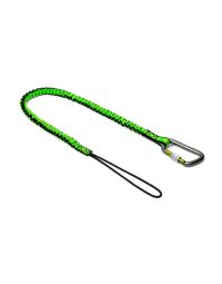 NLG GO bungee tool lanyard vertical view showing climbing cord loop and screw gate carabiner on white background | CMT Group UK