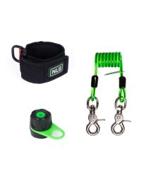 NLG screwdriver tethering kit showing Spin Tether coil lanyard and adjustable wristband flat lay | CMT Group UK