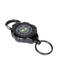 NLG mini ratchet retractable tool lanyard angled view showing CE UKCA marking serial number label on ratchet body | CMT Group UK