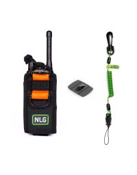 Complete radio tethering kit fitted to two-way radio with mini coil lanyard attached showing full three-component system | CMT Group UK