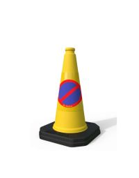 No waiting traffic cone one-piece yellow 460mm with circular blue and red no waiting symbol sleeve full view | CMT Group UK