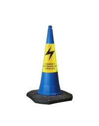 750mm two-piece blue road traffic cone with yellow Danger Overhead Cables warning sleeve and lightning bolt | CMT Group UK