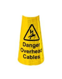 Danger Overhead Cables cone sleeve 750mm yellow prismatic front view showing lightning bolt symbol and warning text | CMT Group UK