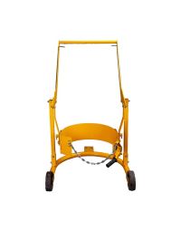 Mobile drum lifter and truck 210 litre yellow chassis front view showing chain clamp and ergonomic handle | CMT Group UK
