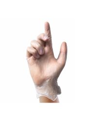 Clear vinyl powdered disposable gloves single glove front view showing smooth finish and clear material | CMT Group UK
