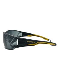 armourU K2 smoke lens lightweight safety spectacles in black and yellow, metal-free frameless design, EN166 FTKN certified