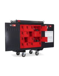 Armorgard Volthub 240V battery charging cabinet doors open showing 16 individual red locker bays with ventilated door panels | CMT Group UK