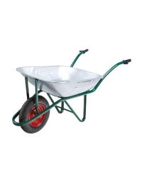 Heavy duty galvanised 90 litre wheelbarrow silver pan green frame front three-quarter view | CMT Group UK
