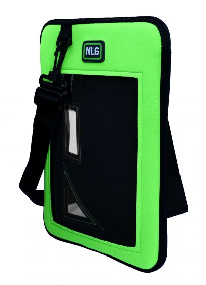 NLG Tablet Case with shoulder strap, front view (green & black).