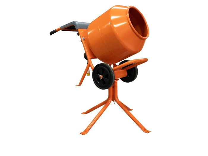  MAX Fast Mix 150 portable cement mixer with 4-leg steel stand, 110V electric engine, 130L drum, front view