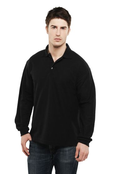 Classic Heavyweight Long Sleeve Work Polo – Black – 220gsm & Reactive Dyed worn model view | CMT Group