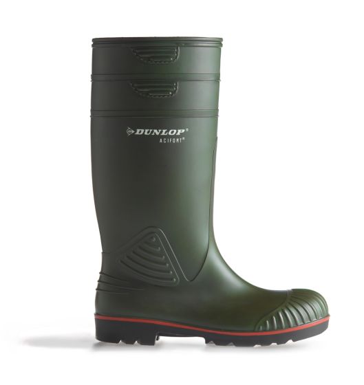 Dunlop Acifort Capped Full Safety Wellingtons – Chemical & Oil Resistant – S5 SRA green side profile showing steel toe reinforcement and waterproof upper | CMT Group