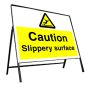 Metal Frame Road Sign - 600x450mm (Yellow Plate) - Printed: Caution Slippery surface