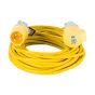 110V extension lead yellow IEC 60309 plug detail showing IP44 marking and CE certification | CMT Group UK