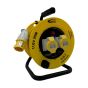 25m 110V cable reel side view yellow PVC cable wound on drum and yellow IEC 60309 plug | CMT Group UK