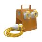 110V 4 way splitter box side angle view yellow powder coated steel housing A-frame stand | CMT Group UK