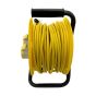 50m 110V cable reel side view yellow PVC cable wound on drum carry handle iron frame | CMT Group UK