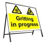 Metal Frame Road Sign - 600x450mm (Yellow Plate) - Printed: Gritting in progress