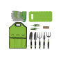 Expert 11-piece aluminium garden tool set with green storage bag, kneeling pad, hand tools, flower snips, jute string and gardening gloves.