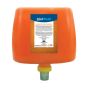 MedWash orange hand cleaner cartridge fitted into 2 litre wall-mounted dispenser | CMT Group UK