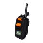 Radio holster angled view with two-way radio inside bungee spring toggle retention system and NLG logo | CMT Group UK