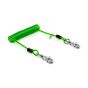 NLG extended coil tool lanyard showing dual Quick Clip connectors and compact green coil on white background | CMT Group UK