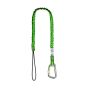 Lightweight bungee tool lanyard angled coiled view showing screw gate carabiner, cord loop, and hi-vis green construction | CMT Group UK