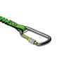 Twin carabiner bungee tool lanyard angled coiled view showing hi-vis green construction and dual aluminium carabiners | CMT Group UK