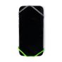 Self-tightening smartphone tethering harness fitted front view green and clear silicone cradles visible | CMT Group UK