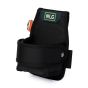 Tape measure holster angled view showing open rigid body rotating retention bar D-ring and NLG badge | CMT Group UK