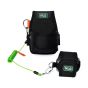 Tape measure holster on black work belt with green coil lanyard attached showing complete tethering system | CMT Group UK