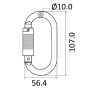 Kratos Steel quarter turn-lock karabiner technical drawing showing 107mm length 56.4mm width 10mm wire | CMT Group UK