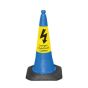 750mm two-piece blue road traffic cone with yellow Danger Overhead Cables warning sleeve and lightning bolt full view | CMT Group UK