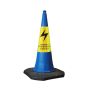 750mm two-piece blue road traffic cone with yellow Danger Overhead Cables warning sleeve and lightning bolt | CMT Group UK