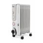 Silver portable oil filled radiator 2kW 9 fin with 24hr timer dial front view showing controls | CMT Group UK