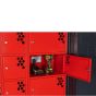 Armorgard Volthub 16-locker Li-ion battery charging station 240V front view showing red locker compartments open with tools in it | CMT Group UK