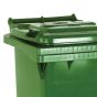 240 Litre Green Wheelie Bin - Heavy-Duty HDPE close-up showing flip lid hinge detail | CMT Group