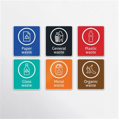 Recycling Stickers A4 - Paper Waste, General Waste, Plastic Waste, Glass Waste, Metal Waste, Organic Waste