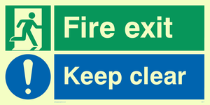 PVC Photoluminescent Sign - 300mm x 150mm - Fire exit keep clear
