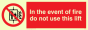 Vinyl Photoluminescent Sticker - 150mm x 50mm - In the event of fire do not use this lift with prohibition symbol