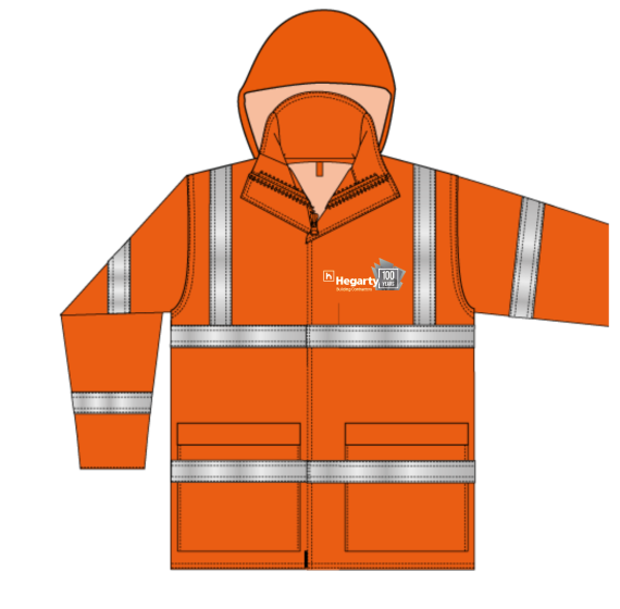 H440 Hi Vis Rain Jacket Orange - Printed Hegarty Building Contractors 100 Years on FLB & Rear