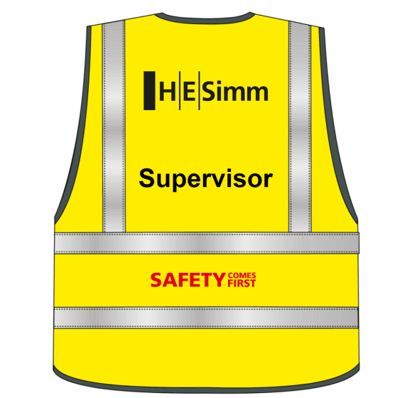 Hi Vis Sleeveless Vest Yellow - Printed HE Simm, Safety Comes First & Supervisor on Rear