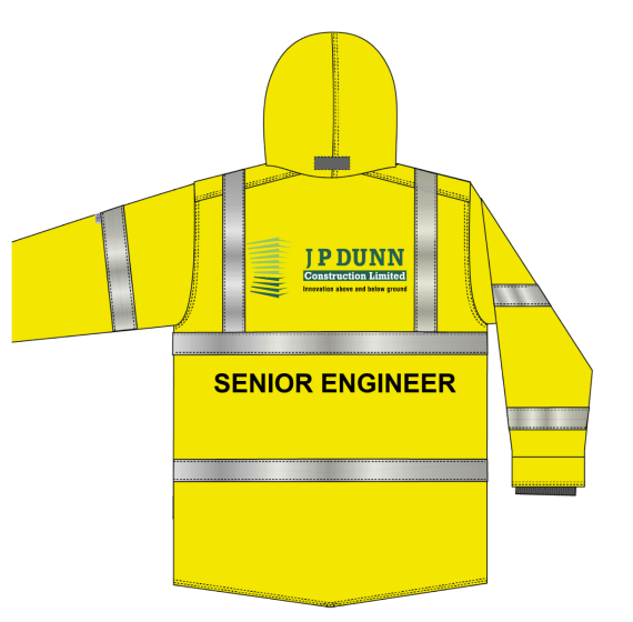 Hi Vis Jacket Yellow - Pritned JP Dunn & Senior Engineer on Rear -