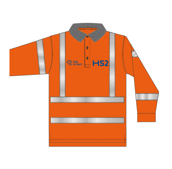 Hi Vis Long Sleeved Polo Shirt Orange - Printed HS2 on FLB & Safe at Heart on FRB + MPB & Working on Behalf of HS2 on Rear