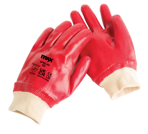 MAX red PVC knit wrist work glove with cotton lining for industrial handling and EN388 4121X use