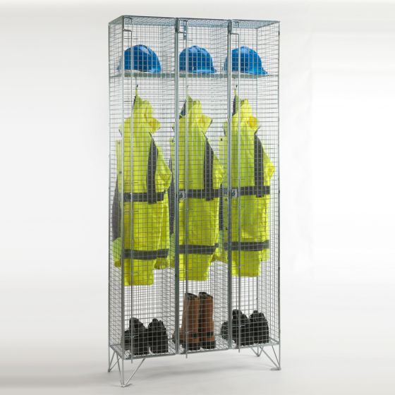 Single Door Wire Mesh Locker – Nest of 3 – 1974x915mm – Ventilated BZP Steel three compartment locker with PPE jackets helmets and boots storage | CMT Group