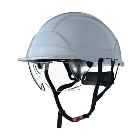 Safety helmet with integrated anti-fog goggle unvented ABS white side view goggle stowed | CMT Group UK