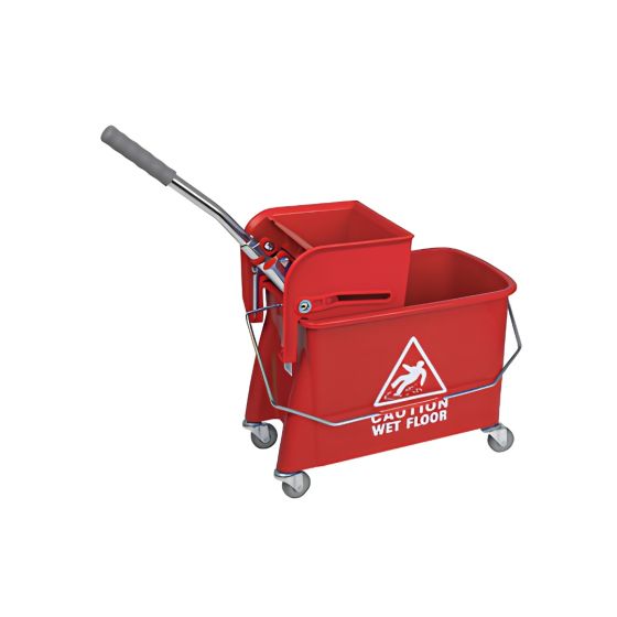 Red Kentucky mop bucket and wringer 24 litre wheeled with divided compartments front three-quarter view | CMT Group UK