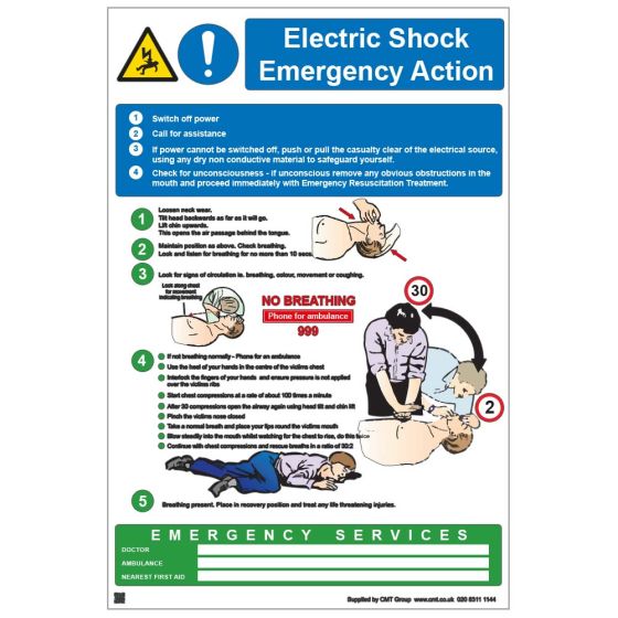 Safety Sign - 420x594mm A2 - 3mm Correx - Electric Shock Emergency Action
